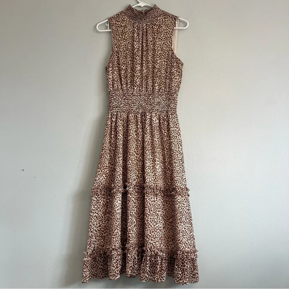 1. STATE sleeveless animal print smock neck tiered midi dress Waistband Sz M - Picture 2 of 15